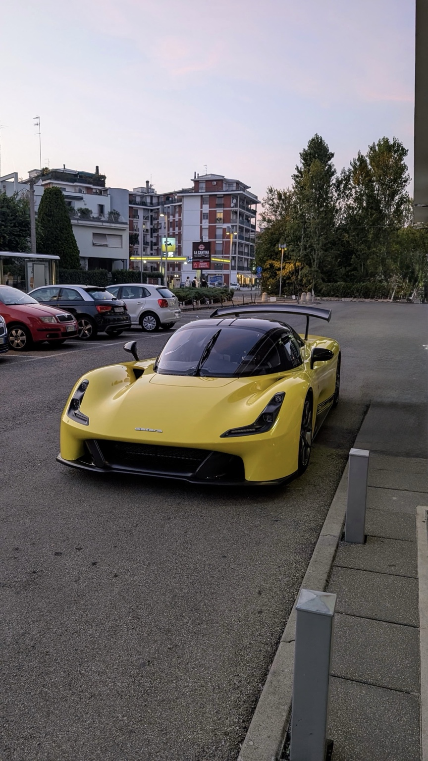 Front three-quarter view of yellow Dallara Stradale Chassis #007 in Italy